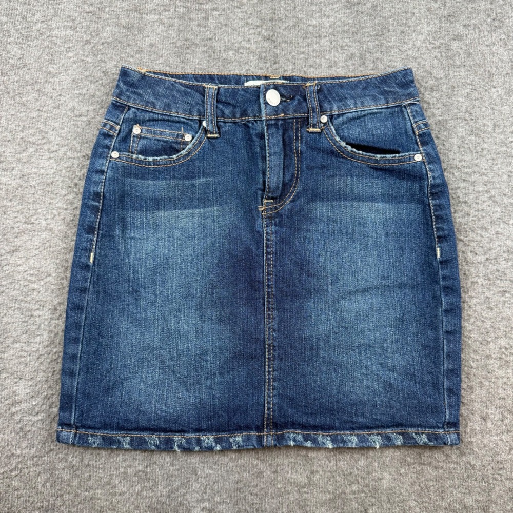 Ivy + Main Denim Mini Skirt Women's Size 0 Blue Distressed Raw Hem Dark Wash